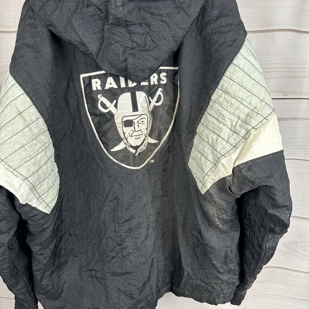 Vintage Raiders Starter Jacket Large Black Pouch Hood Quarter Zip #u